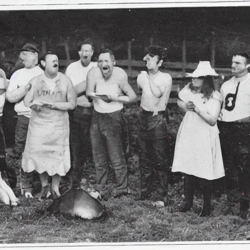 Prompt: cow pie eating contest, newspaper photograph