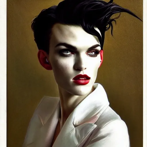 Image similar to stunning portrait of androgynous ruby rose as desire from sandman in a white tuxedo!!!, rockabilly style, by frank moth, by alphonse mucha, by jeremy mann, by peter lindbergh, dave mckean, white suit and black tie, soft lightning, high detailed, 8 k