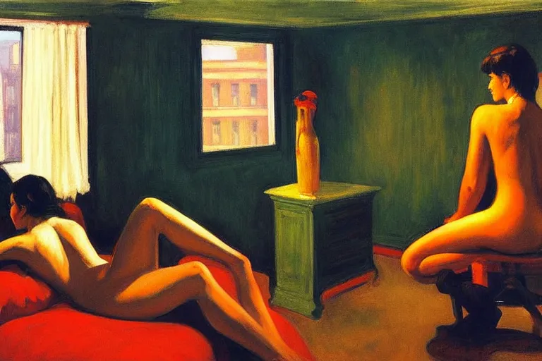 Prompt: the chelsea hotel, painting by edward hopper and eric fischl and robert mcginnis
