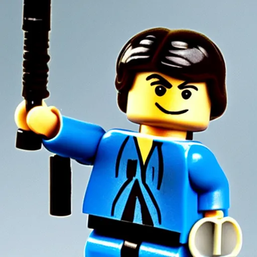 Image similar to han solo holding a blue lightsaber lego figure