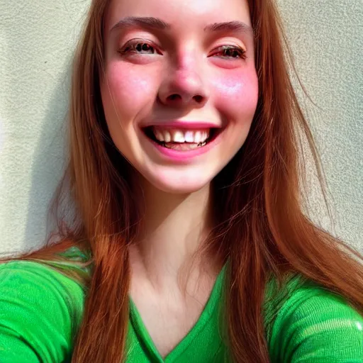 Image similar to beautiful hyperrealism hyperdetailed selfie of a cute young woman smiling softly, long light bronze brown hair, cute freckles, flushed face, red blush, small heart - shaped face, soft features, emerald green eyes, 8 k, sharp focus,