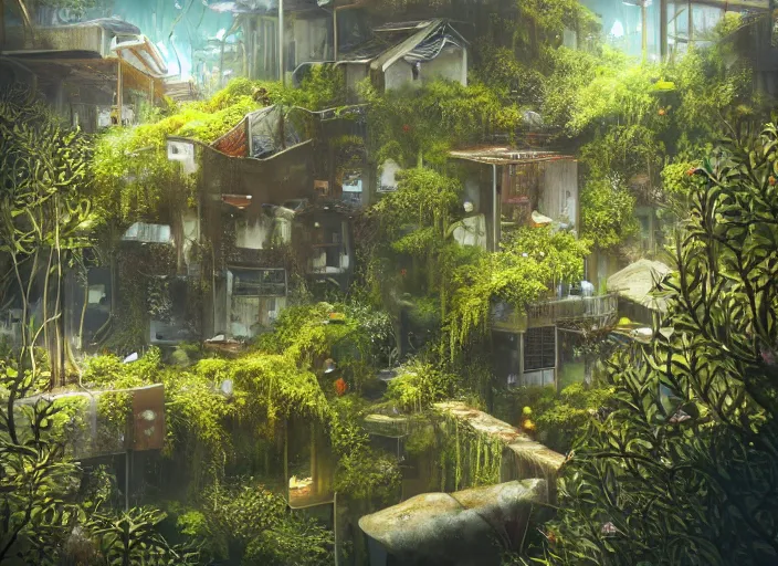 Image similar to overgrown foliage overtaking favela, underwater environment, scenery, professional, award - winning, trending on artstation, detailed, realistic, beautiful, emotional, shiny, golden, picture