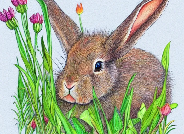 Image similar to rabbit, flowers, serene, happy, artwork, colored pencil, detailed, stylized