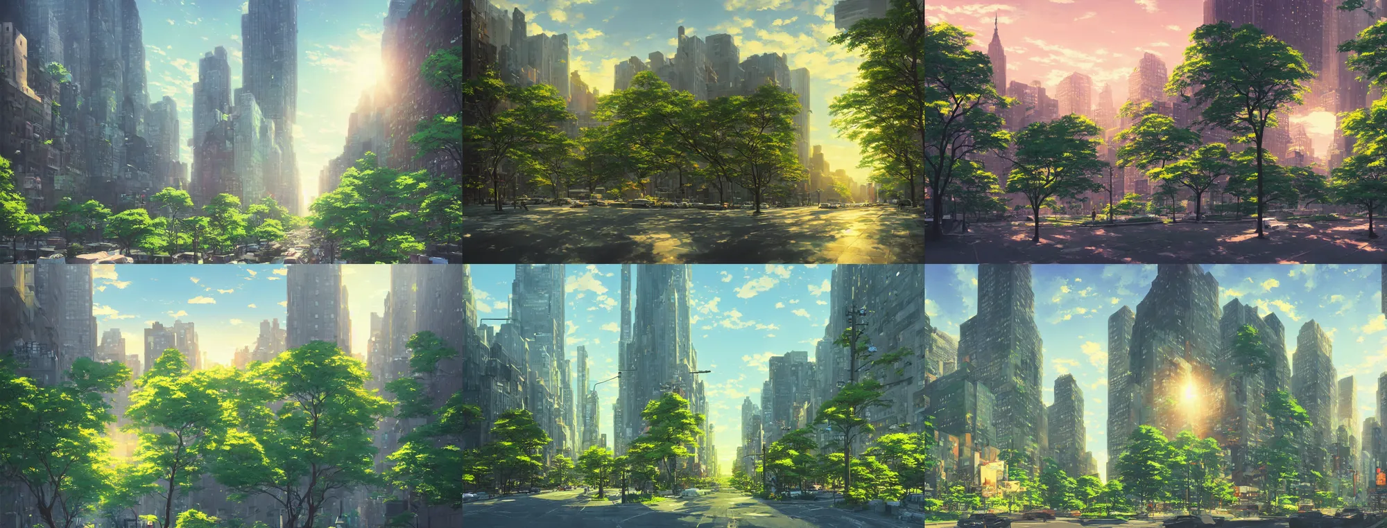 Image similar to dream fantasy new york city, more greens, lanscape, modern, sunset, dusk, perspective, street view, art by makoto shinkai