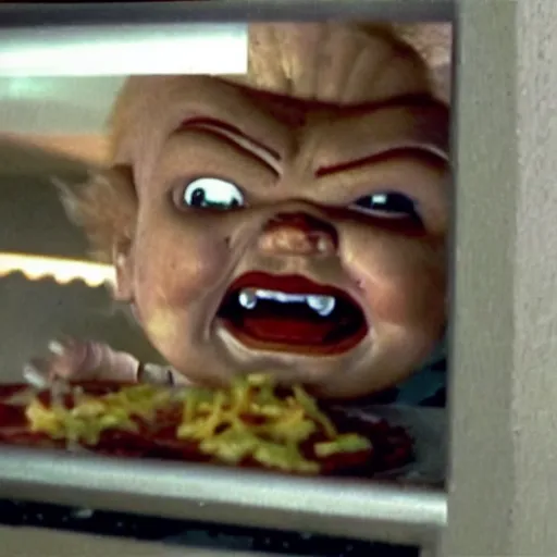 Image similar to security camera footage of chucky doll screaming at customers eating pizza