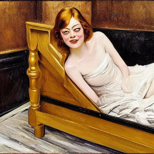 Prompt: painting of emma stone!!! on a victorian bed in a big old room, wide shot by lucian freud