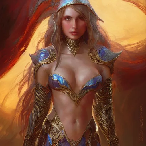 Prompt: Elven woman in plated bikini armor, D&D, elegant, vibrant, fantasy, intricate, smooth, artstation, painted by edgar maxence, greg rutowski, ross tran, artgerm