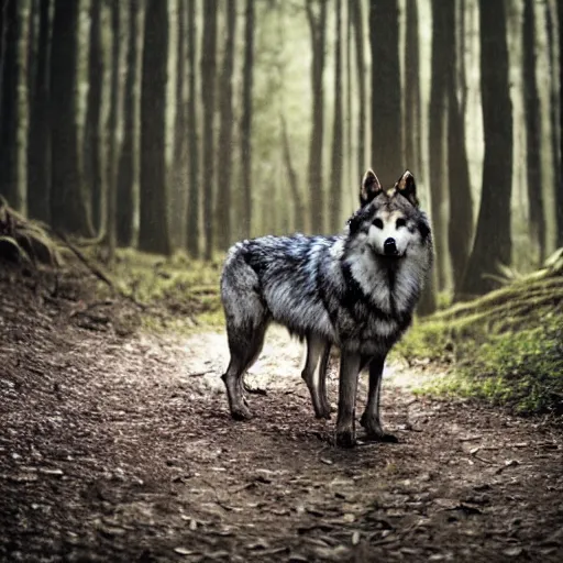 Image similar to were - creature consisting of a wolf and a human, photograph captured in a forest