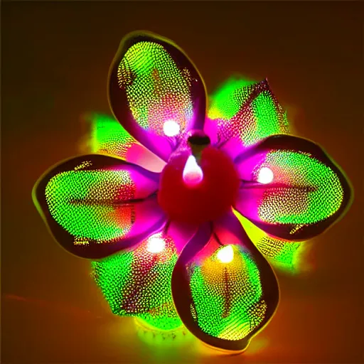 Image similar to mechanical, cybertronic, led hibiscus flower, glowing