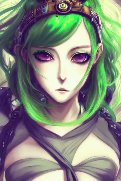 Image similar to beautiful green hair anime woman, modern, steampunk, fantasy, eerie, intricate details, pixiv, digital painting, artstation, concept art, 8 k, art by artgerm and alohonse mucha and eiichiro oda