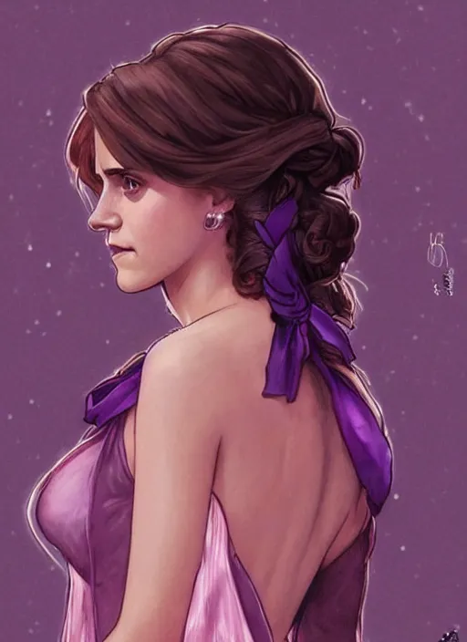 Image similar to emma watson at hogwarts!! at the yule ball wearing revealing elegant pink and purple dress. beautiful detailed face. by artgerm and greg rutkowski and alphonse mucha