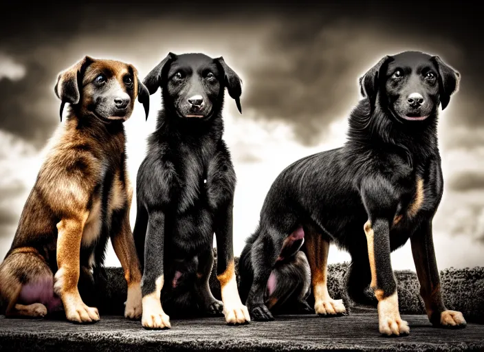 Image similar to photo of a real life photorealistic three - headed cerberus dog guarding the gates to the underworld. fantasy horror style. highly detailed 8 k. intricate. lifelike. soft light. nikon d 8 5 0 5 5 mm. dof. cinematic post - processing.