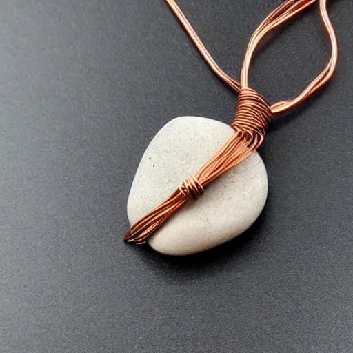 Image similar to beautiful but simple amulet made from equal parts sandstone and dirtstone, bound together by copper wire