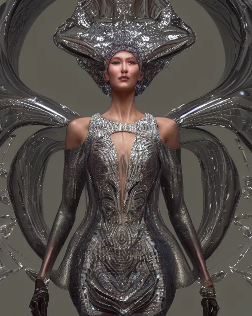 Image similar to a highly detailed metahuman 8 k close up render of bella hadid evangelion renaissance in iris van herpen dress schiaparelli in diamonds crystals swarovski and jewelry iridescent in style of alphonse mucha gustav klimt trending on artstation made in unreal engine 4