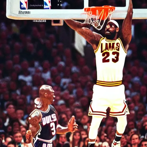 Image similar to professional nba photograph of lebron james dunking on michael jordan, award - winning photograph, highly detailed, dramatic posing, 8 k quality, high quality