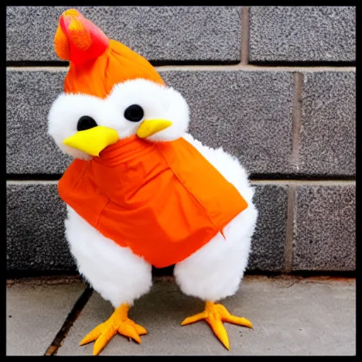 Prompt: cute chicken dressed as an inmate in jail