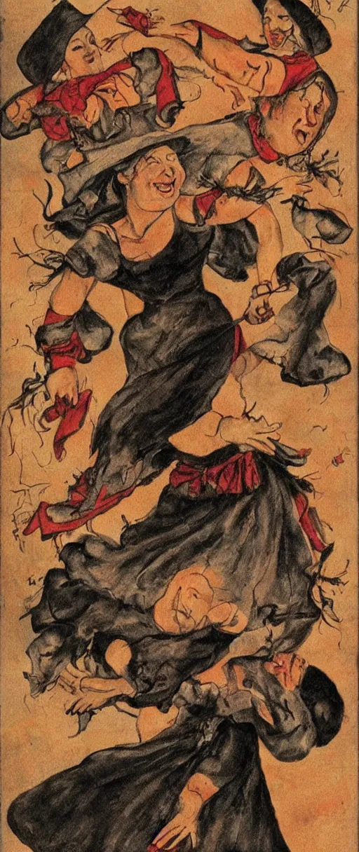 Image similar to grandma witches dancing around a fire with old skin and muscle and fat and blood