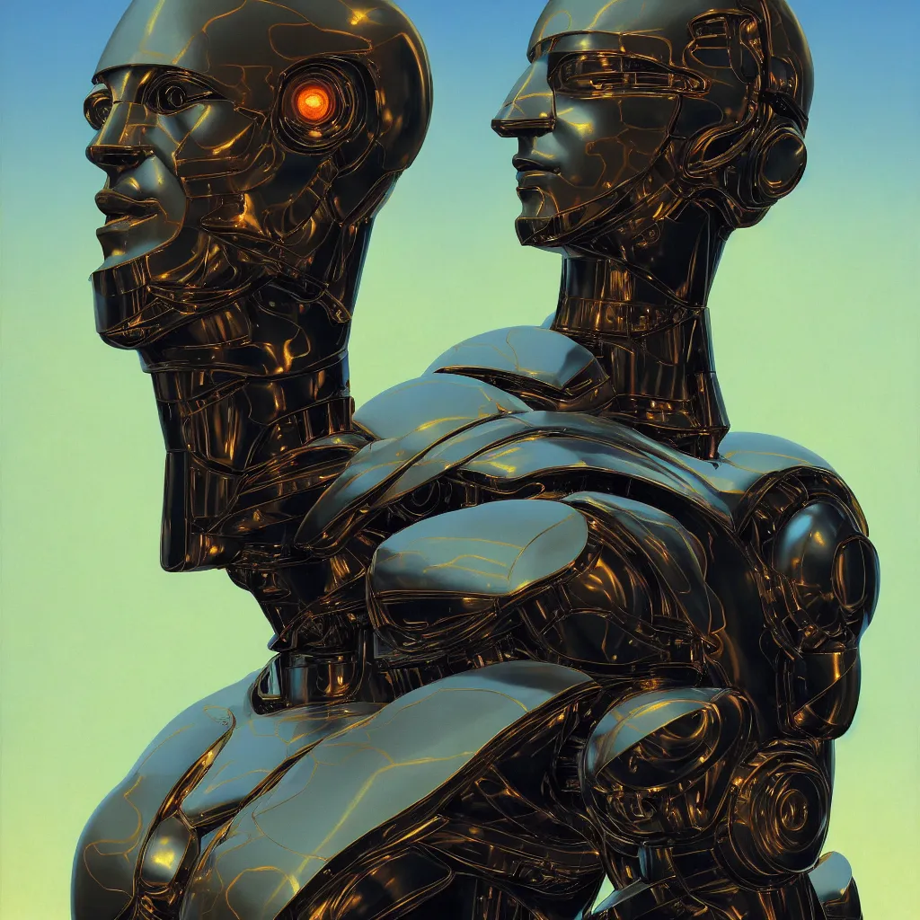 Image similar to cinematic bust portrait of psychedelic god robot from left, head and chest only, robotic improvements, part of Moebius, part of maxfield parrish, part of Thomas Ehretsmann,, oil on canvas, masterpiece, trending on artstation, cinematic composition, dramatic pose, beautiful lighting, sharp, details, hyper-detailed, volumetric lighting 4K