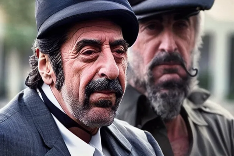 Image similar to Al Pacino as Saddam Hussein in 'SadDamn Hussling' (2023), movie still frame, promotional image, imax 70 mm footage, oscar nominated cinematography, volumetric lighting, 8k resolution