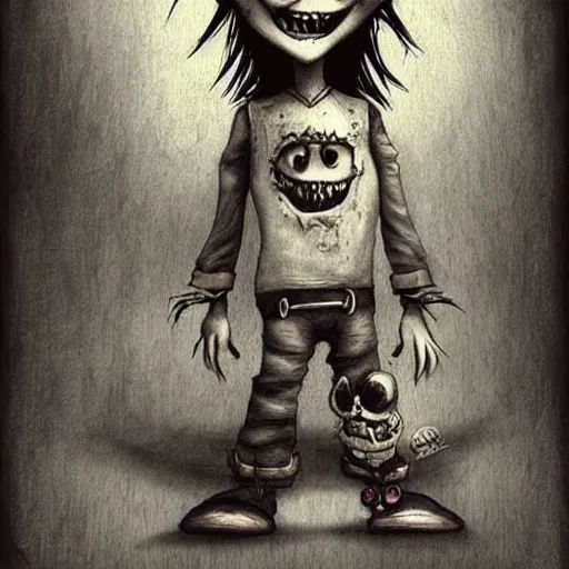 Image similar to grunge cartoon drawing of a cute chucky by - michael karcz , in the style of corpse bride, loony toons style, horror themed, detailed, elegant, intricate