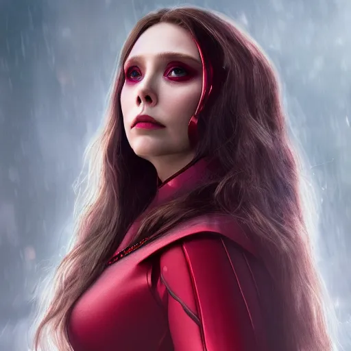 Image similar to Elizabeth Olsen as the Scarlet Witch in alt attire and heavy alt makeup, trending on artstation, gloomy atmosphere, photorealistic facial features, 4k, 8k