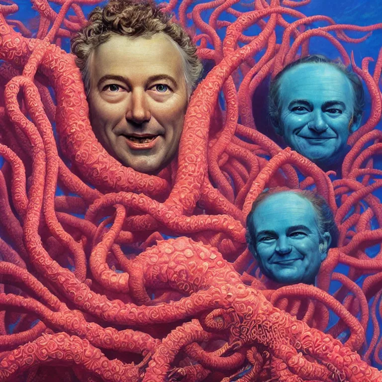 Image similar to Hyperrealistic intensely colored close up studio Photograph portrait of deep sea bioluminescent Senator Rand Paul, symmetrical face realistic proportions eye contact tentacles, Smiling in a coral reef underwater, award-winning portrait oil painting by Norman Rockwell and Zdzisław Beksiński vivid colors high contrast hyperrealism 8k