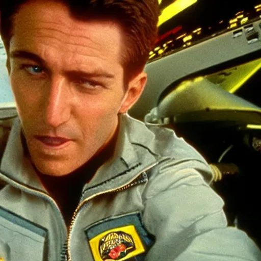 Maverick drinking beer in the cockpit, still photo Stable Diffusion