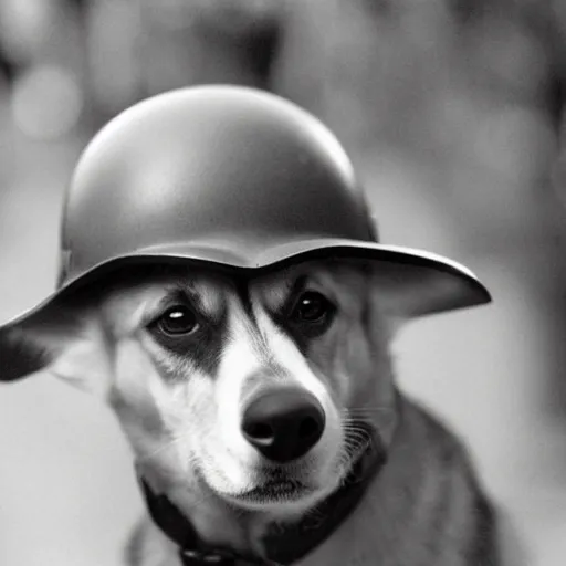 Image similar to close up of a corgi wearing soldier helmet in the battle, ww 2 historical photography, black & white