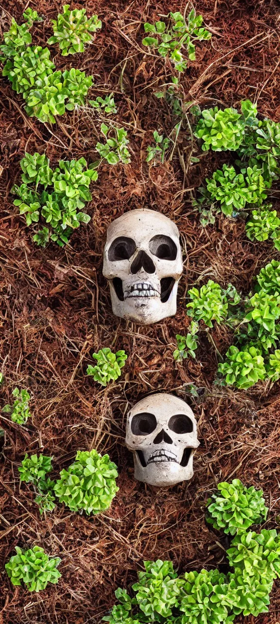 Image similar to award winning photo of robot skull rusty and filled with plants, stunning, 4 k, detailed, top - down, realistic