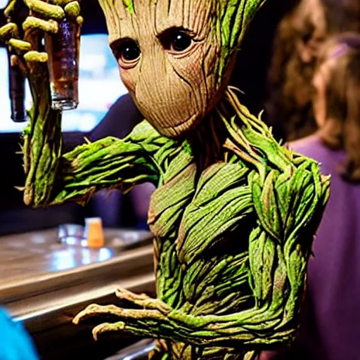 Image similar to groot at a bar, drinking beer