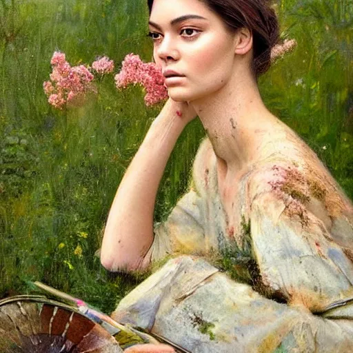 Image similar to happy very thick paint brush strokes paint texture full body very worn out very rusty fashion model kendall jenner by Jeremy Lipking by Hasui Kawase by Richard Schmid (((smokey eyes makeup eye shadow fantasy, glow, shimmer as victorian woman in a long white frilly lace dress and a large white hat having tea in a sunroom filled with flowers, roses and lush fern flowers ,intricate, night, highly detailed, dramatic lighting))) , high quality