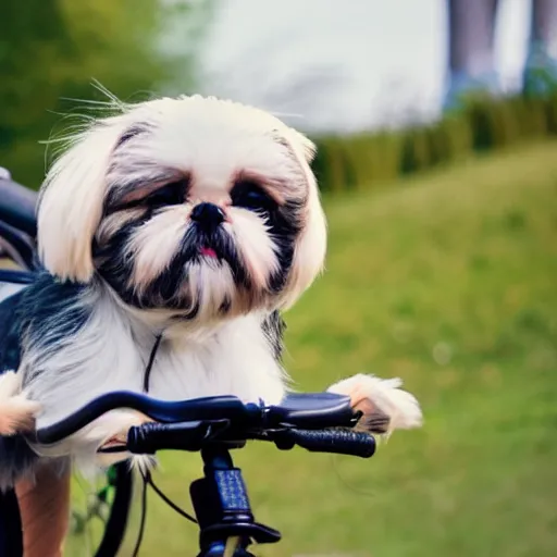 Prompt: Shih Tzu riding a bycicle