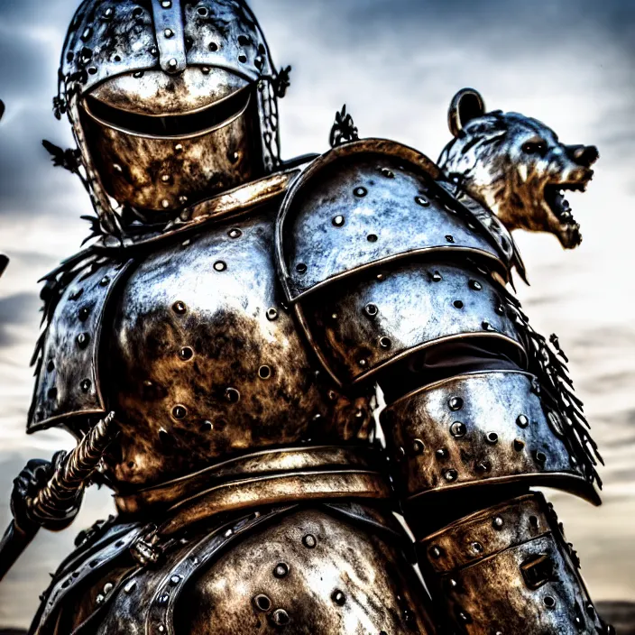 Image similar to photo of a warrior with metal putin with a bear themed armour, highly detailed, 4 k, hdr, smooth, sharp focus, high resolution, award - winning photo