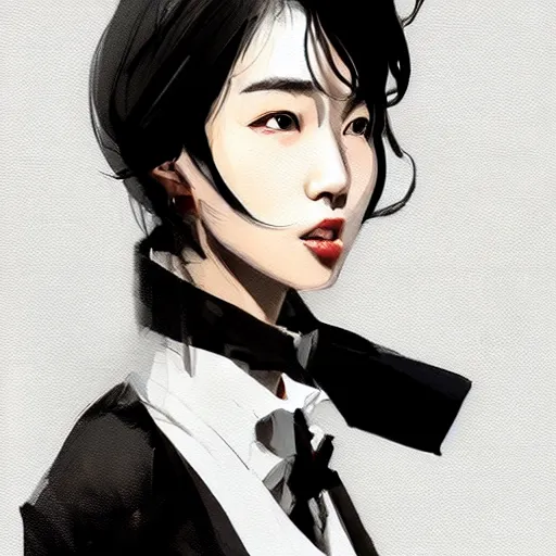 Prompt: portrait of a beautiful korean girl wearing a men's tuxedo, with short messy hair, men's haircut, angular features, angry expression, dramatic lighting, illustration by Greg rutkowski, yoji shinkawa, 4k, digital art, concept art, trending on artstation