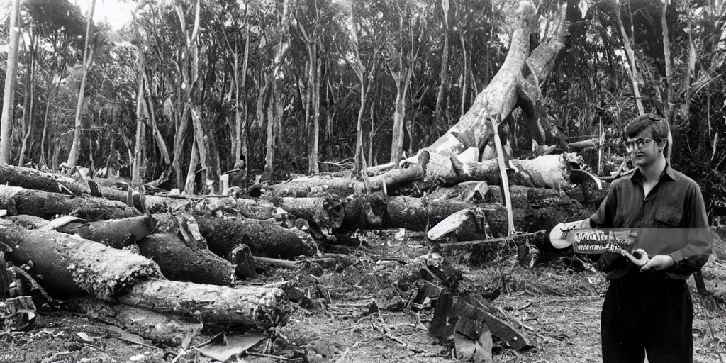 Image similar to bbc tv presenter louis theroux holding a microphone talking to men cutting down ancient kauri trees at great barrier island, new zealand. enormous giant logs in background 1 9 5 0's photograph