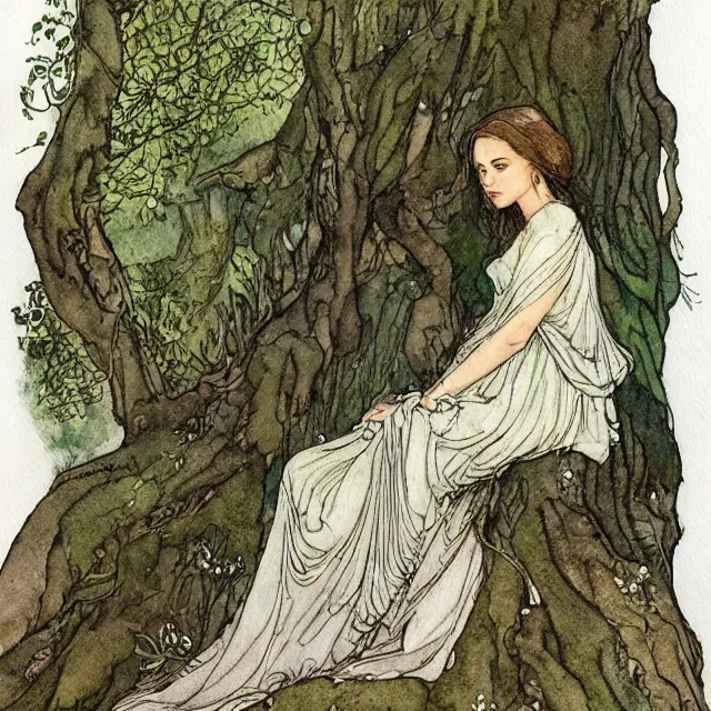 Image similar to a detailed, intricate watercolor and ink portrait illustration with fine lines, of a lovely, pretty, young alicia vikander with a detailed face in a dress sitting on the mossy ground reading under a gnarled tree, by arthur rackham and edmund dulac and mucha