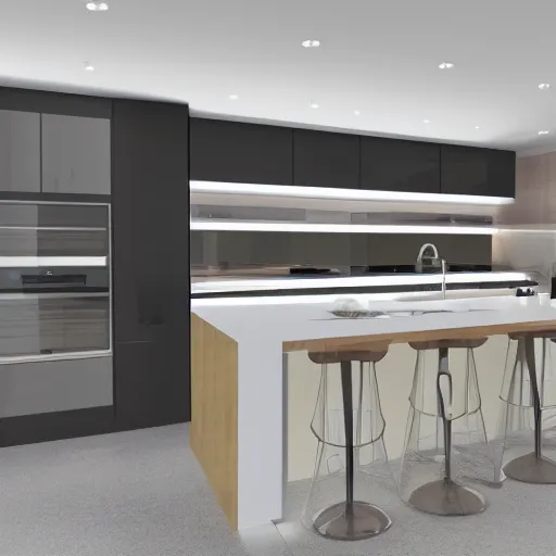 Image similar to modern kitchen with rgb led strip lighting, homes and gardens, super detailed render, award winning,