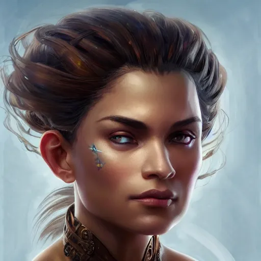 Prompt: beautiful, very strong, mixed race, female, aged 4 0, face, no makeup, head shot, fantasy, highly detailed, digital painting, artstation, concept art, sharp focus, illustration, art by artgerm and greg rutkowski and alphonse mucha