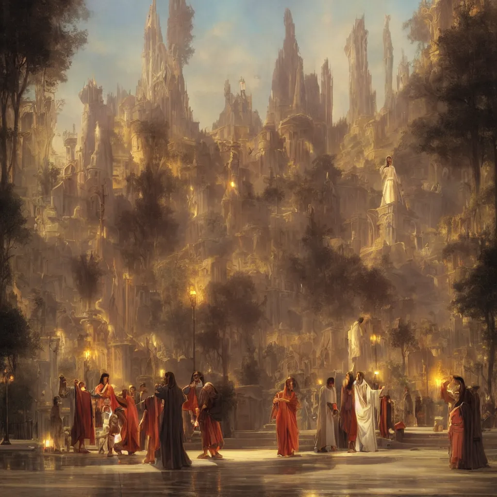 Image similar to jesus tours the streets of hollywood by raphael lacoste and pierre auguste cot and delphin enjolras and daniel f. gerhartz