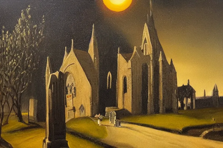 Prompt: a detailed oil painting of darth vader leaving a medieval church,, english, churchyard, trees, golden hour