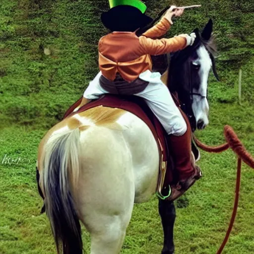 Prompt: a leprechaun on a horse drinking a guinness