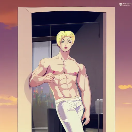 Image similar to portrait of the immensely handsome bodybuilder Stephen Fry with beautiful long pale blond hair, albino white pale skin, posing for a photoshoot in the golden hour, white dress shirt open at the chest, broad shoulders and huge thick arms, ambient lighting, 4k, anime key visual, lois van baarle, ilya kuvshinov, rossdraws, artstation