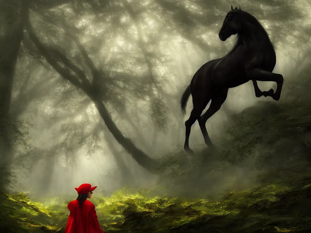 Prompt: a female beauty wearing a red cap rides through a dense green oak and beech forrest on a strong black horse, rays of life, cinematic, fantasy art, moody evening light, foggy, trending on artstation, by naoto hatori, by tyler jacobson