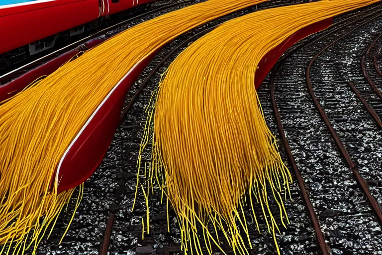 Prompt: HD luxury render of a spaghetti car made of spaghetti on train tracks, product photo, rendered in unreal engine 6, luxury spaghetti car, spaghetti car, car made of pasta, spaghetti, 4k