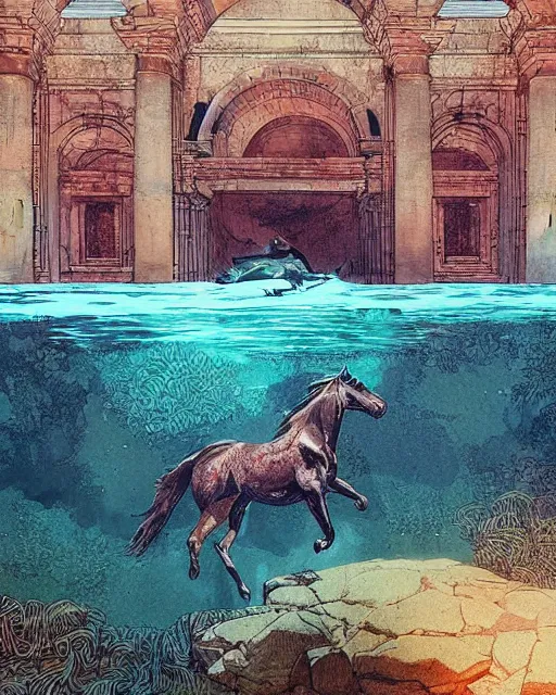 Image similar to a horse swimming in the water by abandoned ancient greek architecture submerged in water, digital art, illustrated by james gurney and victo ngai