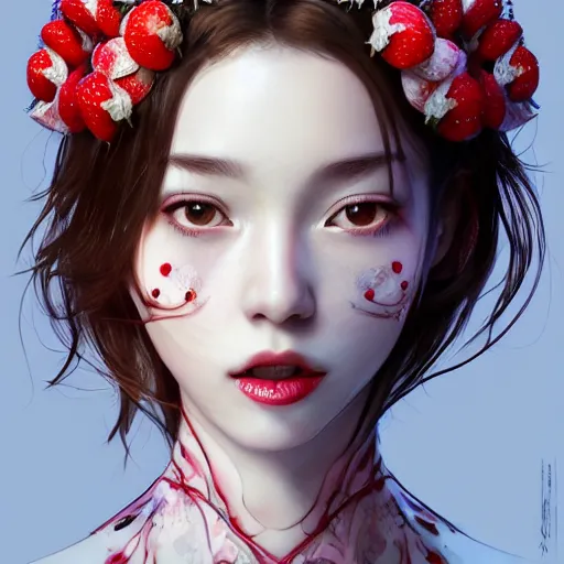 Prompt: the face of absurdly beautiful, graceful, elegant, sophisticated, sensual young gravure idol made of strawberries and white petals with tears, an ultrafine photorealistic illustration by kim jung gi, irakli nadar, intricate linework, bright colors, octopath traveler, final fantasy, unreal engine 5 highly rendered, global illumination, radiant light, intricate environment