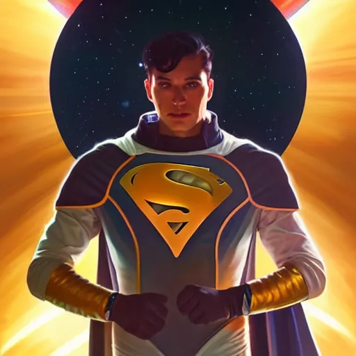 Prompt: a space powered male dressed as a superhero. space background, dynamic lighting, clean elegant painting, beautiful detailed face. by artgerm and greg rutkowski and alphonse mucha, 4 k