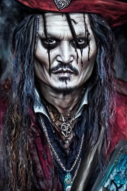 Image similar to johnny depp, dnd character, undead, lich, hyper real, photo real, high detail, movie shot, by dan mumford