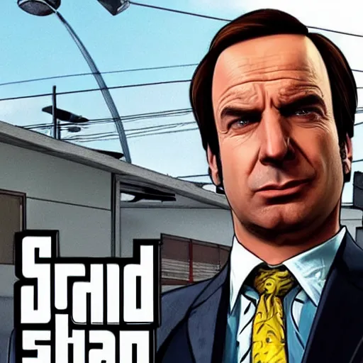 Image similar to Saul Goodman from Better Call Saul as a GTA character portrait, Grand Theft Auto, GTA cover art