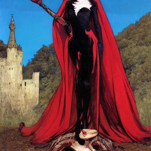 Prompt: flowing, evocative by robert mcginnis. a beautiful body art of a horned, red - eyed, skeleton - like creature, with a long black cape, & a staff with a snake wrapped around it, standing in front of a castle atop a cliff.